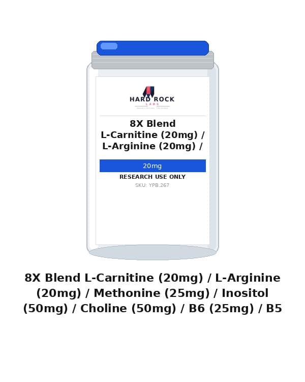 8X Blend L-Carnitine (20mg) / L-Arginine (20mg) / Methonine (25mg) / Inositol (50mg) / Choline (50mg) / B6 (25mg) / B5 (5mg) / B12 (1mg)
